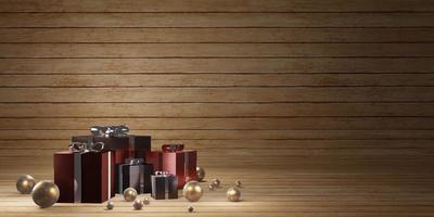 Naturholzmaserung Hintergrund Neujahr und Weihnachten mit Geschenkbox foto