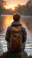 ai generiert kontemplativ jung Mann Aufpassen Sonnenuntergang Über See im Natur foto