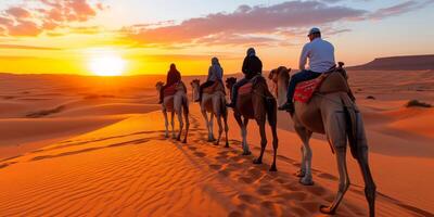 ai generiert Gruppe von Menschen Reiten Kamele über Wüste foto