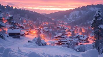 ai generiert schneebedeckt Dorf beleuchtet beim Nacht foto