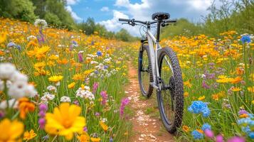 ai generiert Fahrrad geparkt im ein Feld von Wildblumen foto