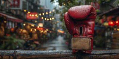 ai generiert Single rot Boxen Handschuh draußen auf ein regnerisch Abend im ein beschäftigt Straße foto