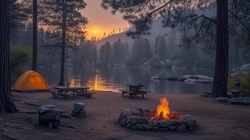 ai generiert Campingplatz mit zentral Feuer - - genießen ein gemütlich draussen Versammlung foto