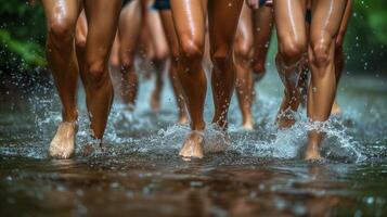 ai generiert Gruppe von Menschen Gehen im Wasser foto