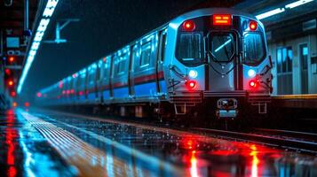 ai generiert beleuchtet Zug ziehen in das Bahnhof auf ein regnerisch Nacht foto