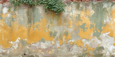 ai generiert alt Mauer mit Peeling Gelb Farbe und Efeu Überwucherung Textur foto