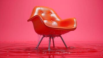 ai generiert modern Orange Stuhl untergetaucht im Wasser auf Rosa Hintergrund foto