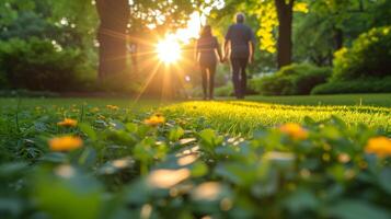 ai generiert Paar Gehen auf üppig Gras Pfad im Park beim Sonnenuntergang foto