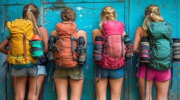 ai generiert Gruppe von Mädchen Stehen im Vorderseite von ein Blau Tür foto