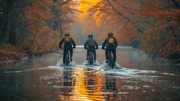 ai generiert Gruppe von Menschen Reiten Fahrräder durch ein Fluss foto