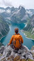 ai generiert Mann mit Blick auf See von Berg Gipfel foto