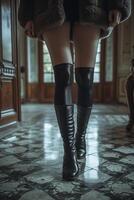 ai generiert Frau im schwarz Stiefel und Pelz Mantel foto