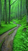 ai generiert Gemälde von ein Grün Wald mit ein Schmutz Straße foto