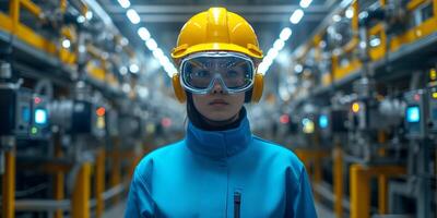 ai generiert zuversichtlich weiblich Ingenieur im Sicherheit Ausrüstung beim modern Fabrik foto