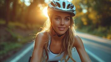 ai generiert Frau Reiten Fahrrad auf Straße foto