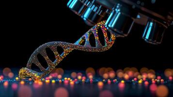 ai generiert 3d DNA Kette im Vorderseite von ein Mikroskop. Hintergrund Foto verbunden zu Wissenschaft und Genetik.
