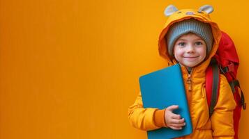 ai generiert wenig Junge im Gelb Jacke mit Blau Laptop foto