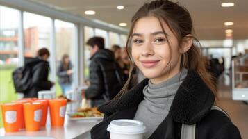 ai generiert lächelnd jung Frau genießen Kaffee brechen beim beschäftigt Universität Kantine foto