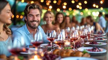 ai generiert Gruppe von Menschen Sitzung beim ein Abendessen Tabelle foto