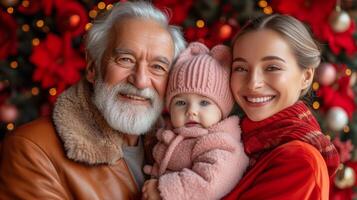 ai generiert glücklich generationsübergreifend Familie feiern zusammen während Weihnachten foto