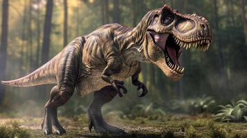 ai generiert wütend Tyrannosaurus rex brüllt im prähistorisch Ebenen, es ist mächtig Gegenwart dominierend das Landschaft, ai generiert. foto
