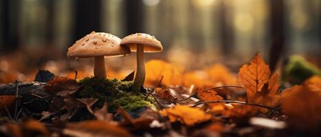 ai generiert Nahansicht Schuss erfasst ein Pilz inmitten Blätter im ein wunderbar Herbst Wald Szene, ai generiert. foto