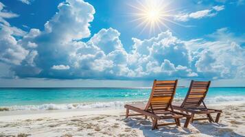 ai generiert still Strand Stühle sich ausruhen auf Weiß Sand unter ein sonnig, wolkig Blau Himmel, ai generiert. foto