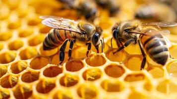 ai generiert Nahansicht Makro Schuss Vitrinen Bienen fleißig Arbeiten auf ein Bienenwabe, ein Nesselsucht geschäftig Aktivität, ai generiert foto