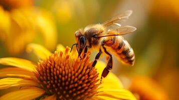 ai generiert Nahansicht von ein Biene Landung auf ein Blume zum Bestäubung, präsentieren der Natur kompliziert Symbiose, ai generiert. foto