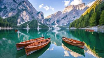 ai generiert Boote auf Schrei See im Dolomiten Berge, ein malerisch Szene von alpin Ruhe, ai generiert. foto