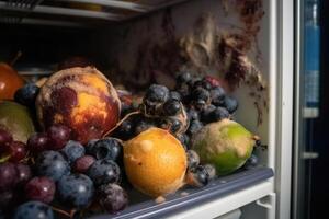 ai generiert Schimmel auf Essen im das Kühlschrank, Nahansicht von schädlich gefährlich Sporen Pilze Bakterien foto