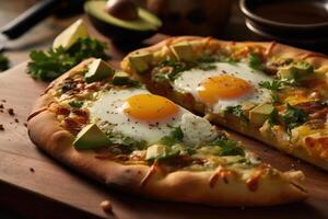 ai generiert Frühstück Pizza, Nahansicht Schnitt frisch Pizza mit Ei und Avocado auf ein hölzern Tafel foto