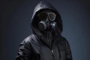 ai generiert unkenntlich stilvoll männlich Modell- im Gläser, Gas Maske und Jacke mit Kapuze auf dunkel. modern kreativ Post-apokalyptischen Mode Konzept. generativ ai foto