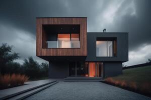 ai generiert modern minimalistisch modular Haus im das Abend, Vorderseite Aussicht Außen. generativ ai foto