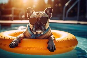 ai generiert reinrassig Hund im Sonnenbrille Schwimmen im Schwimmbad, Haustier ruhen auf ein aufblasbar Ring im Wasser auf sonnig Sommer- Tag draußen. Tier generativ ai foto