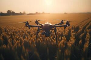 ai generiert landwirtschaftlich modern Technologien, Innovationen im Landwirtschaft. Nahansicht von Drohne fliegend Über Weizen Feld beim Sonnenuntergang. generativ ai foto