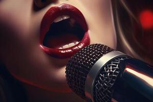 ai generiert Nahansicht von weiblich Sänger Musiker durchführen beim Konzert, Show oder Karaoke. kaukasisch Mund und rot sexy Lippen Singen Lied in Mikrofon. generativ ai foto