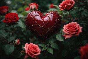 ai generiert ein Herz mit Dornen im ein Rose Busch foto
