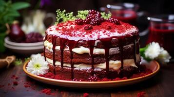 ai generiert Schokolade Kuchen mit Himbeeren und Kirschen auf ein hölzern Tisch. foto