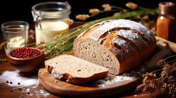 ai generiert frisch gebacken Laib von Brot auf ein hölzern Tafel. foto