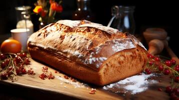 ai generiert frisch gebacken Laib von Brot auf ein hölzern Tafel. foto