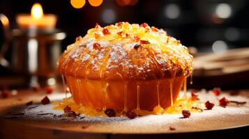 ai generiert Cupcake mit Rosinen und Glasur Zucker auf hölzern Tisch. foto