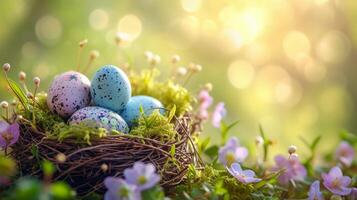 ai generiert Nest gemacht von Zweige und Moos mit Ostern Eier. natürlich Wald, Park mit Frühling Blumen. ai generiert foto