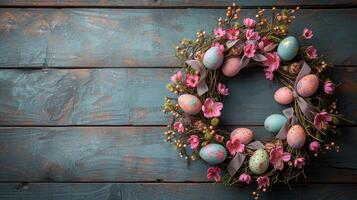 ai generiert Ostern Kranz gemacht von Frühling Blumen, Weide Zweige, und Ostern Eier auf hölzern Oberfläche. ai generiert foto