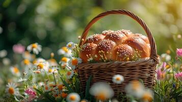 ai generiert rustikal gewebte Korb mit traditionell Ostern Süss Brot. frisch Frühling Blumen. ai generiert foto