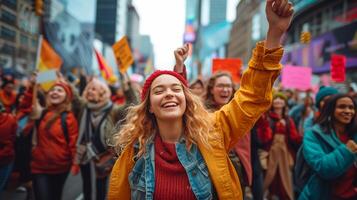 ai generiert Damen Marsch. vielfältig Teilnehmer Gehen Nieder ein Straße. Kampf zum Damen Rechte. ai generiert foto