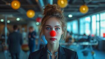 ai generiert traurig jung Frau im Geschäft Kleidung Sport rot Clown Nase im verschwommen Büro Hintergrund. ai generiert foto