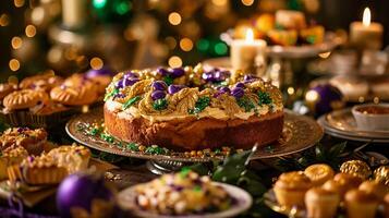 ai generiert Tabelle mit traditionell Karneval gras behandelt. König Kuchen mit Grün, Gelb, lila Dekor. ai generativ foto