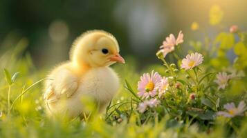 ai generiert klein Gelb Küken sitzt inmitten das Gras Nächster zu bunt Blumen, ein Szene von jugendlich Unschuld, ai generiert. foto