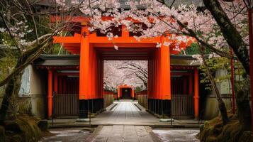 ai generiert ikonisch rot Tor und Kirsche Blüten im Kyoto, Japan, erstellen ein schön Szene, ai generiert. foto